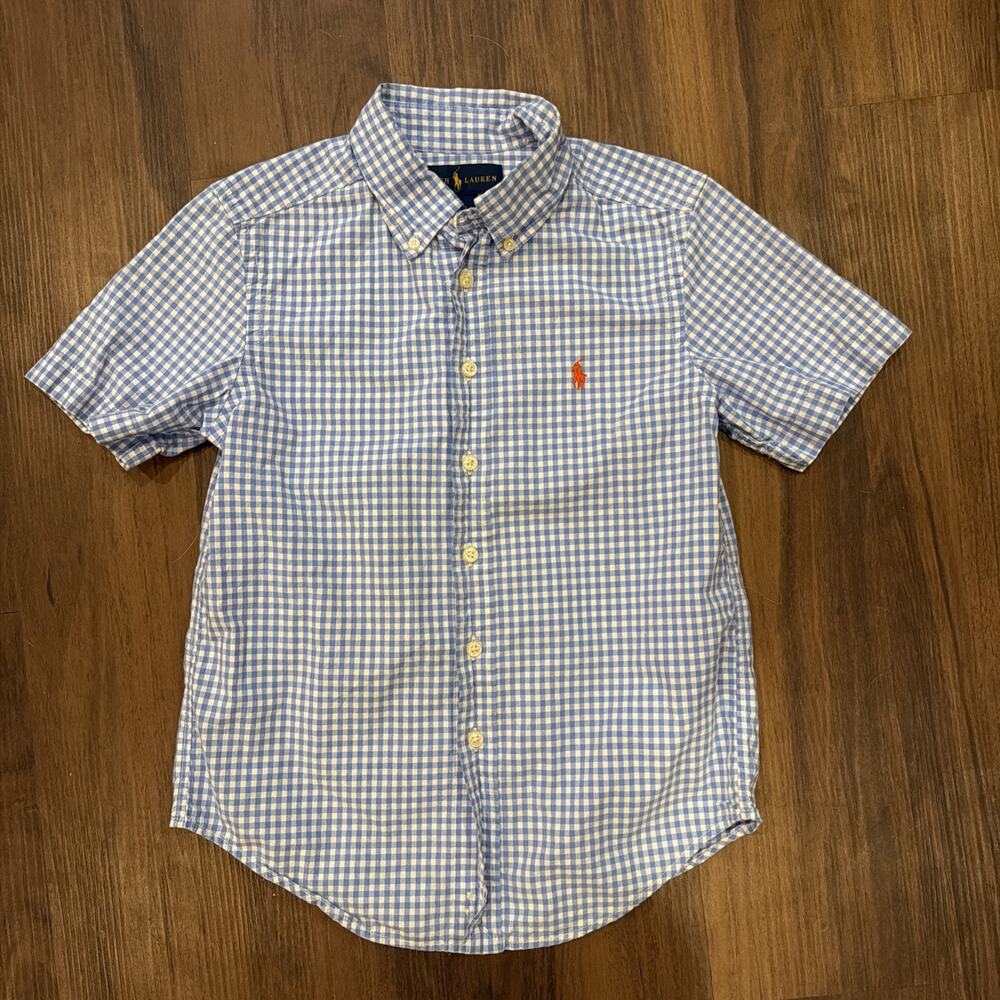 Polo Ralph Lauren Blue Gingham Check Button down Short Sleeve Shirt Boys Size 8